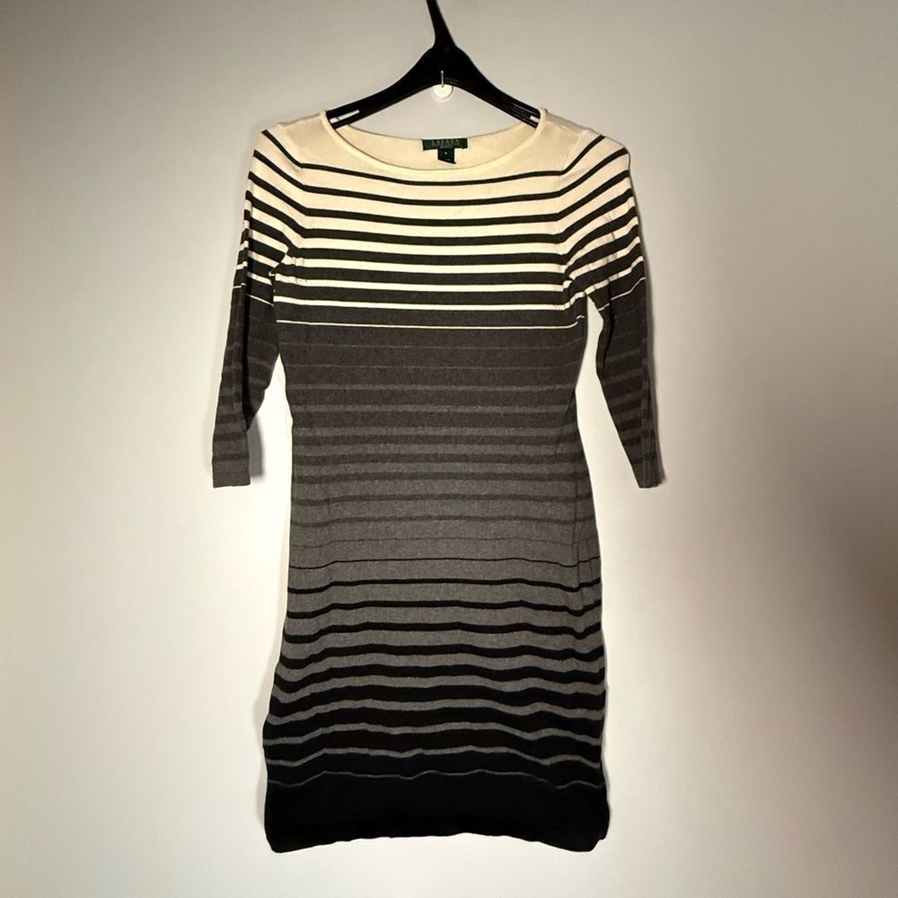 Lauren Ralph Lauren Striped Long Sleeves Sweater Dress Gray Black Medium